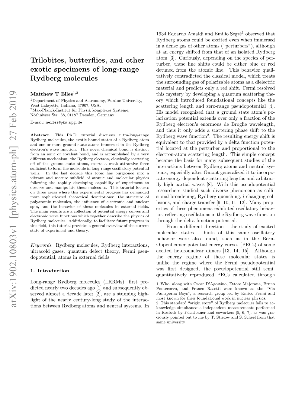 Arxiv:1902.10803V1 [Physics.Atom-Ph] 27 Feb 2019 Tions Between Rydberg Atoms and Neutral Systems