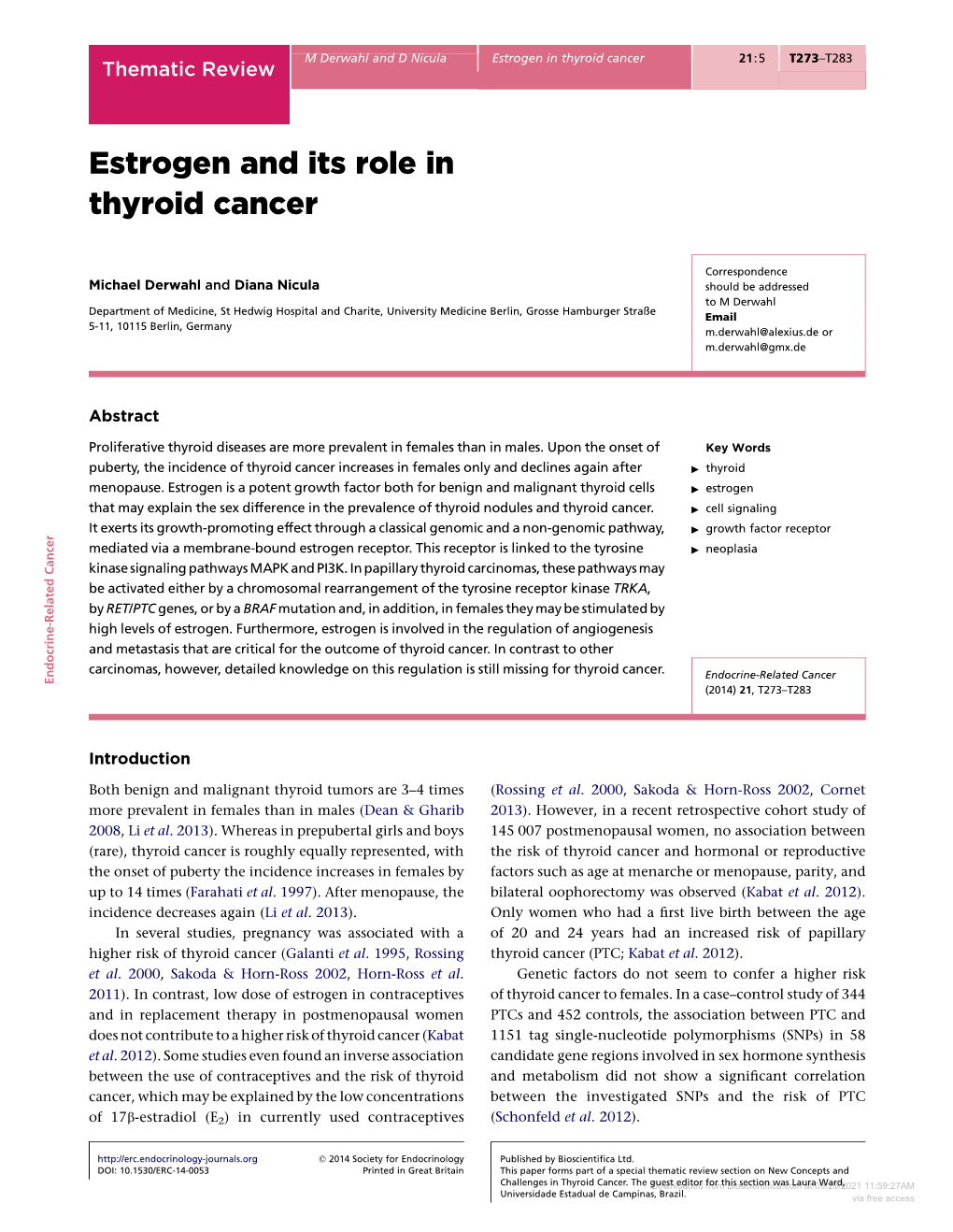 Estrogen and Its Role in Thyroid Cancer