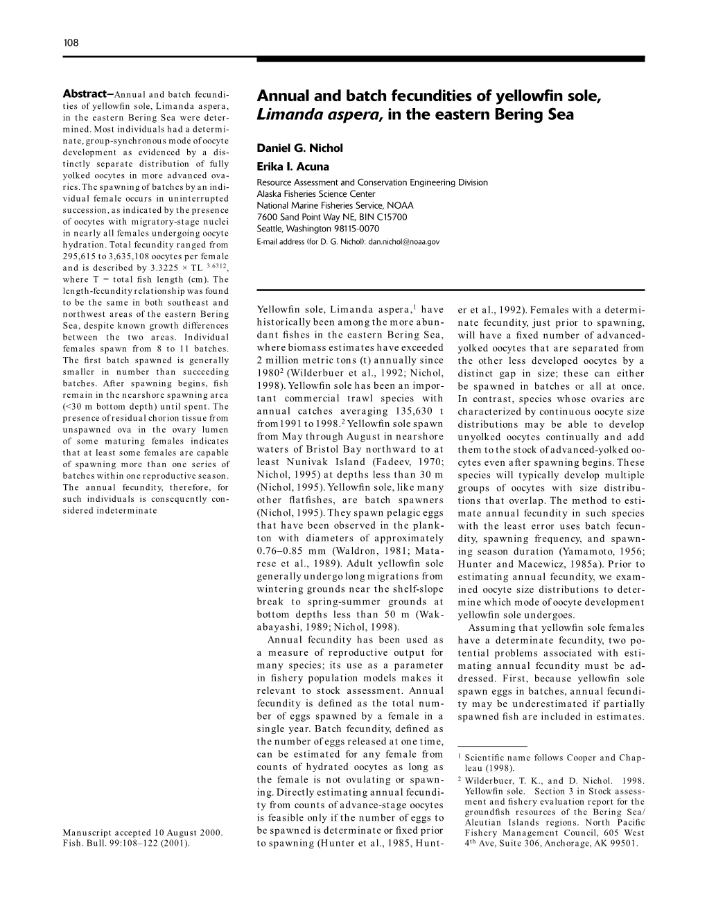 Annual and Batch Fecundities of Yellowfin Sole, Limanda Aspera, in the Eastern Bering