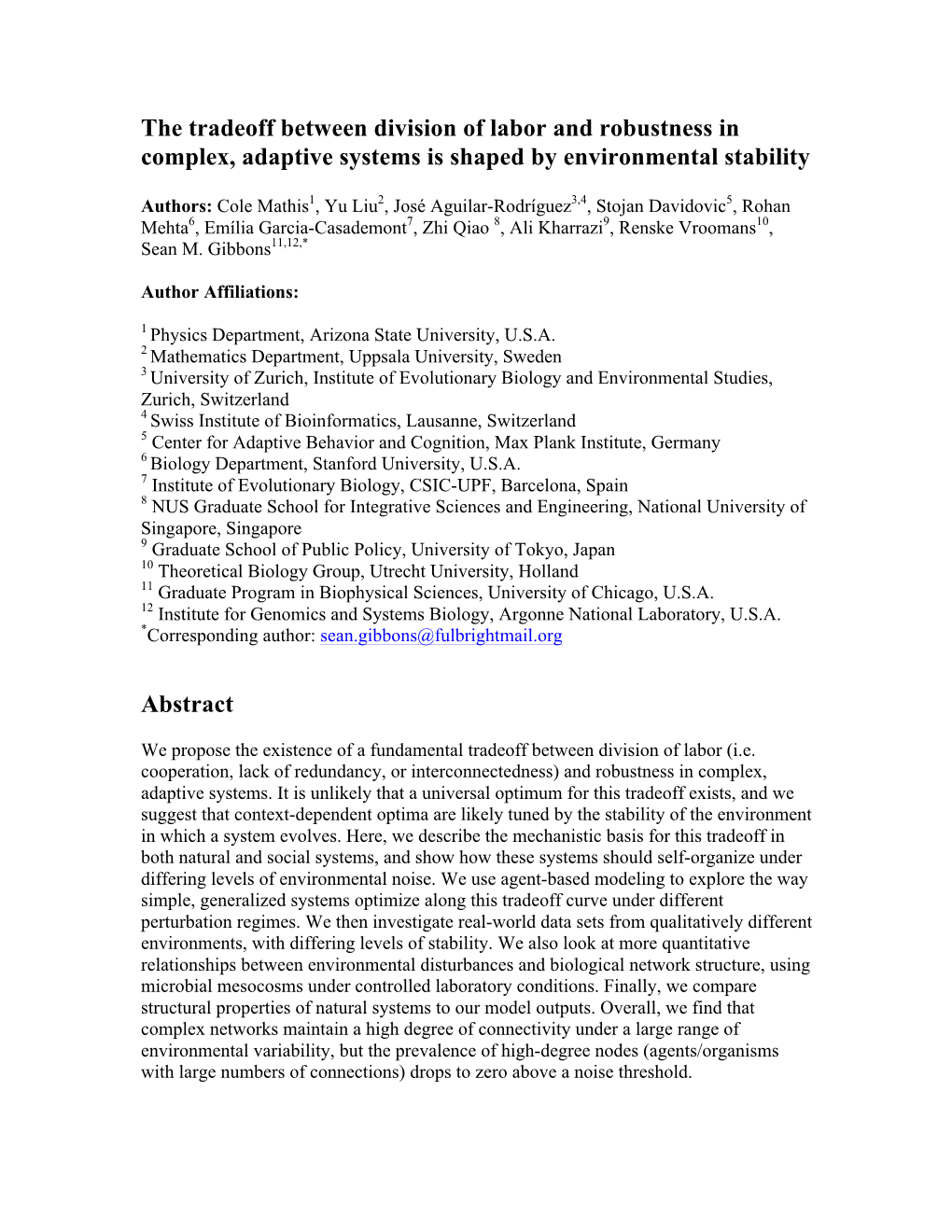 The Tradeoff Between Division of Labor and Robustness in Complex, Adaptive Systems Is Shaped by Environmental Stability