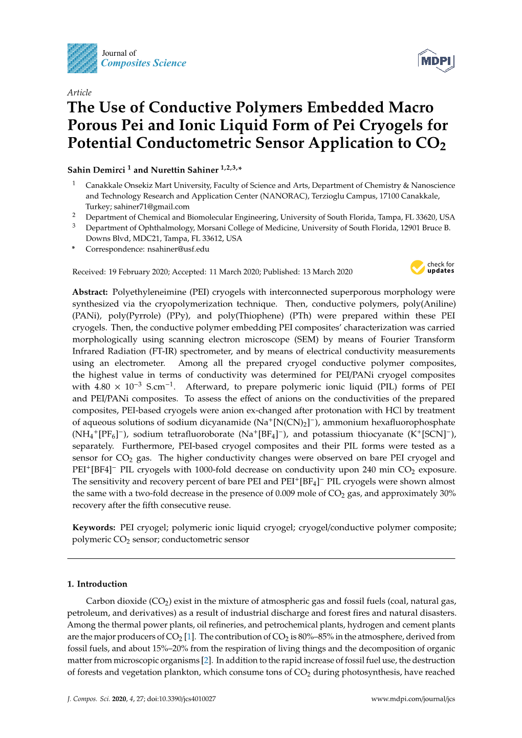 The Use of Conductive Polymers Embedded Macro Porous Pei and Ionic Liquid Form of Pei Cryogels for Potential Conductometric Sensor Application to CO2