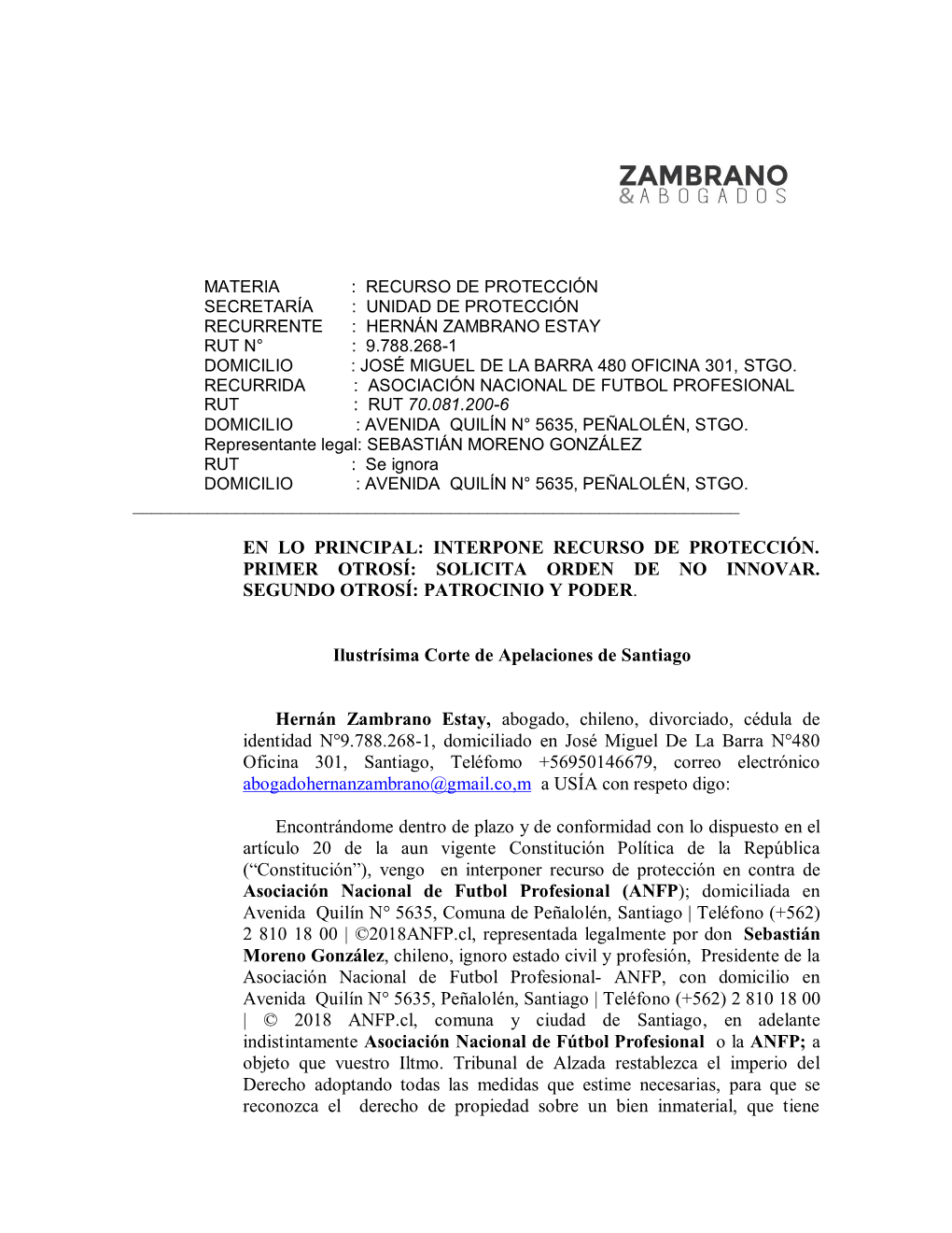 Interpone Recurso De Protección. Primer Otrosí: Solicita Orden De No Innovar