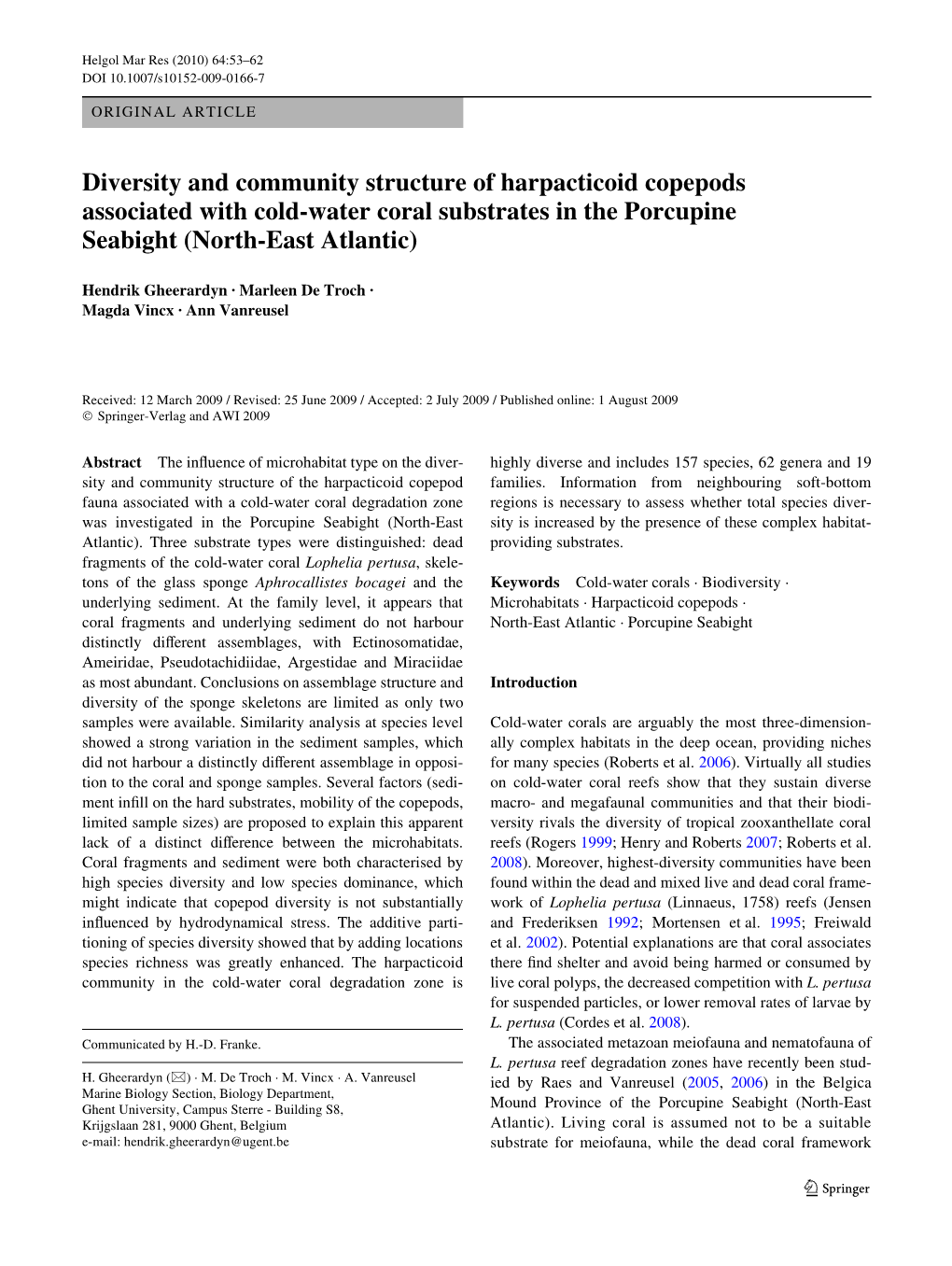 Diversity and Community Structure of Harpacticoid Copepods Associated with Cold-Water Coral Substrates in the Porcupine Seabight (North-East Atlantic)