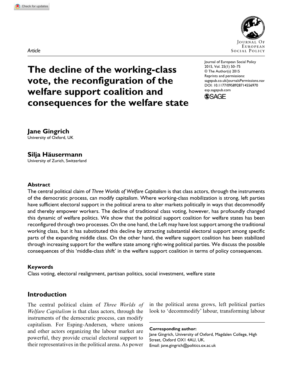 The Decline of the Working-Class Vote, the Reconfiguration of the Welfare