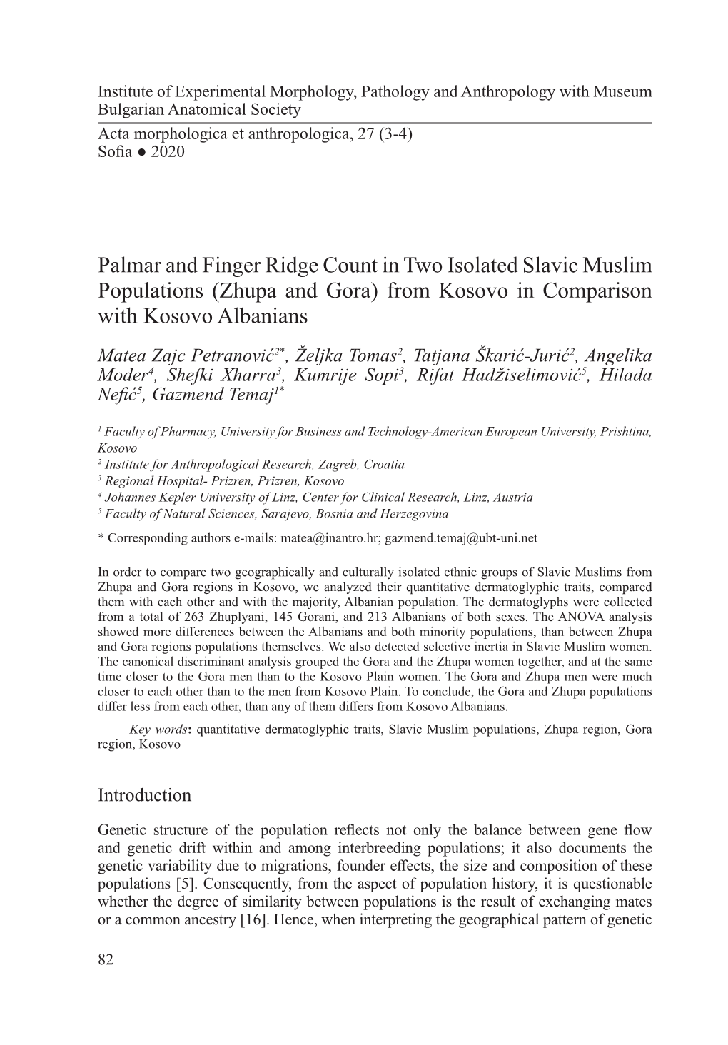 Palmar and Finger Ridge Count in Two Isolated Slavic Muslim