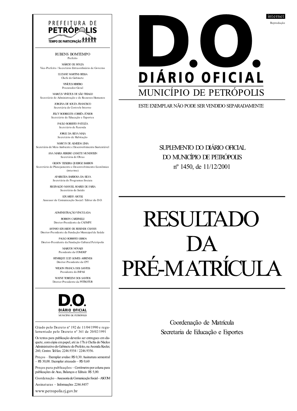 Suplemento Do Diário Oficial Do Município De Petrópolis 11/12/2001