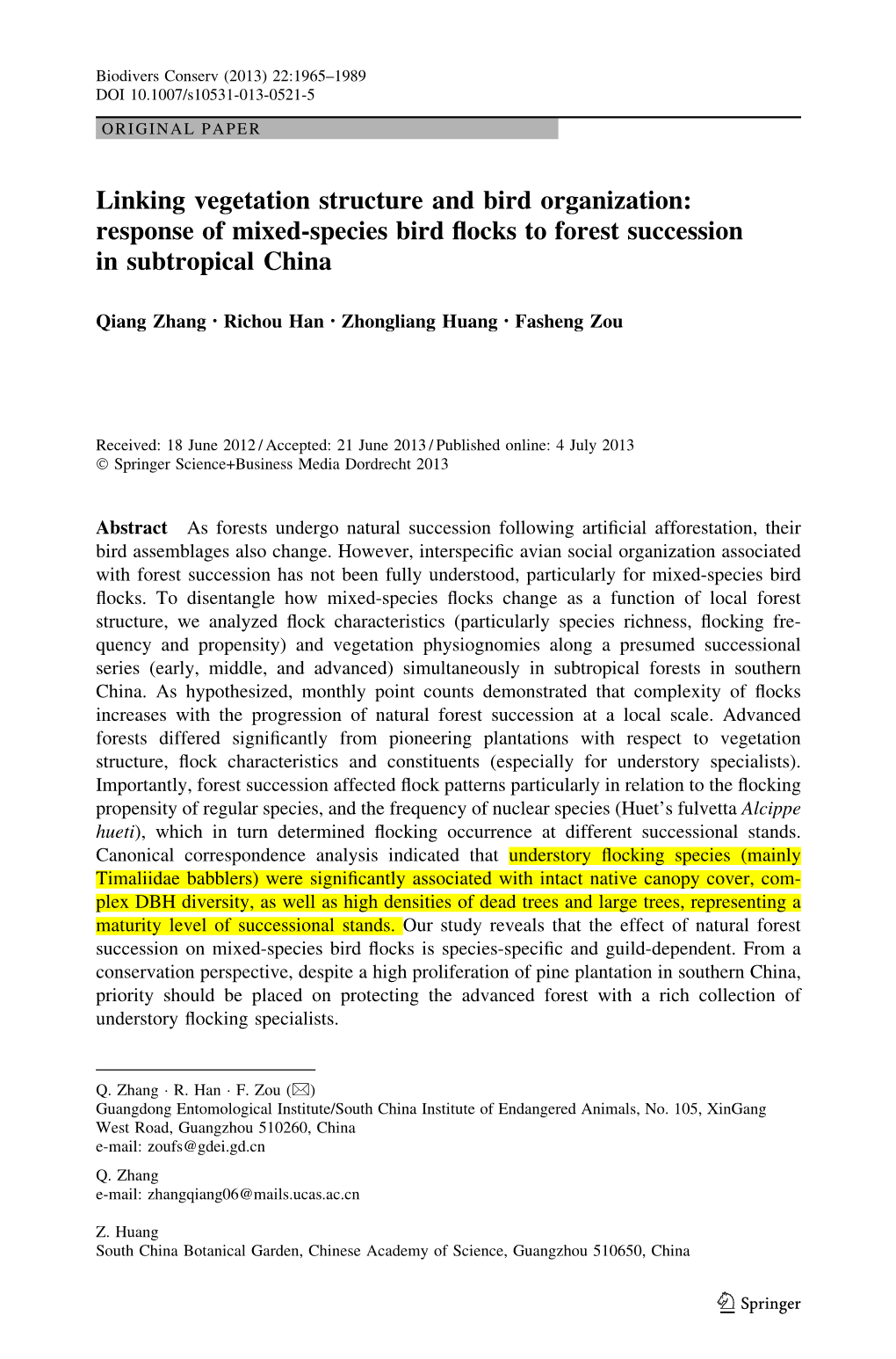 Response of Mixed-Species Bird Flocks to Forest Succession in Subtropical Ch