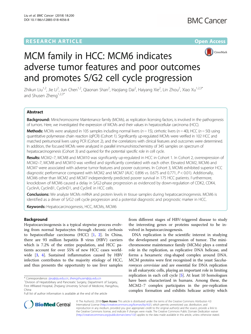 MCM Family in HCC: MCM6 Indicates Adverse Tumor Features and Poor Outcomes and Promotes S/G2 Cell Cycle Progression