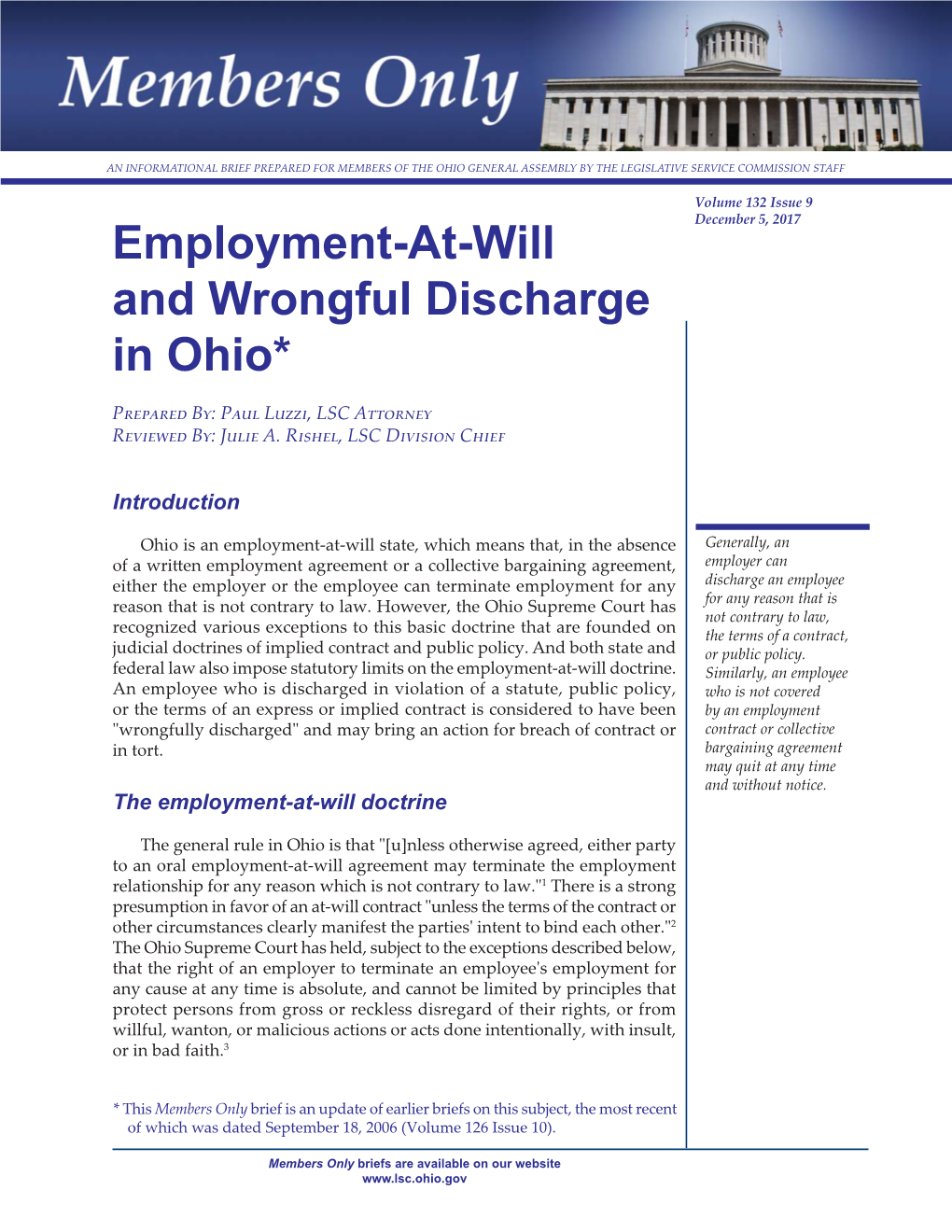 Employment-At-Will and Wrongful Discharge in Ohio*