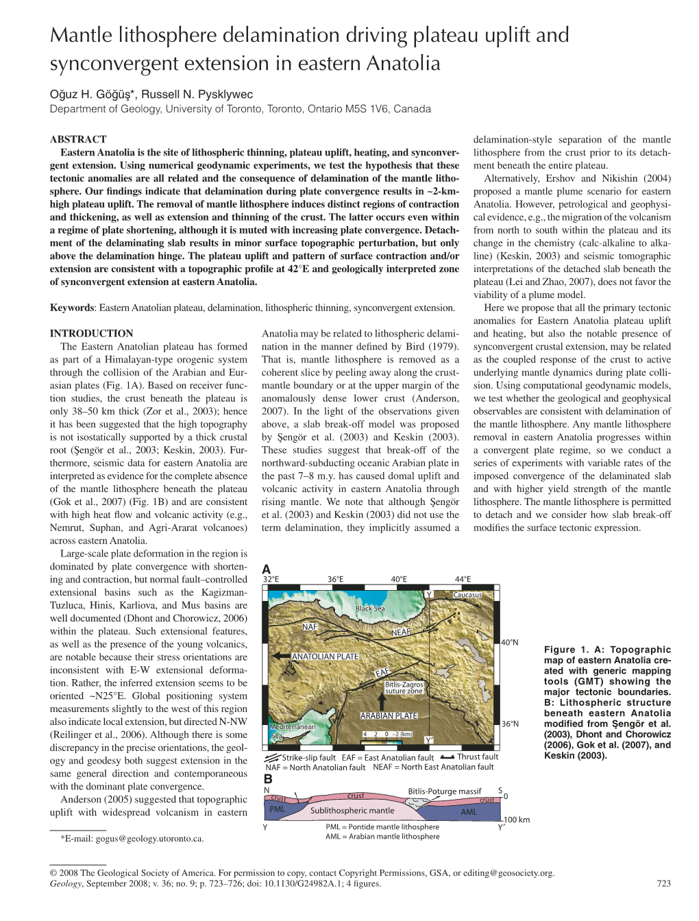 Gogus, O.H. and Russell N. Pysklywec, Mantle Lithosphere Delamination Driving Plateau Uplift and Synconvergent Extension In