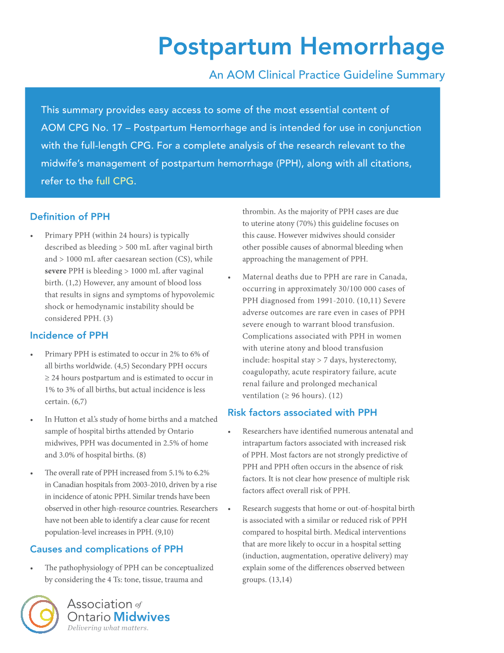 Postpartum Hemorrhage an AOM Clinical Practice Guideline Summary