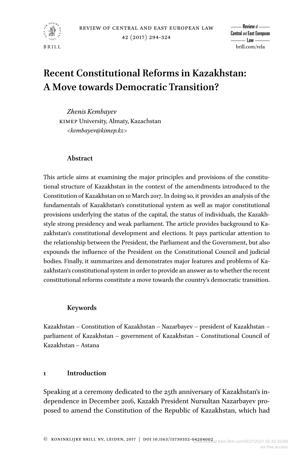 Recent Constitutional Reforms in Kazakhstan: a Move Towards Democratic Transition?