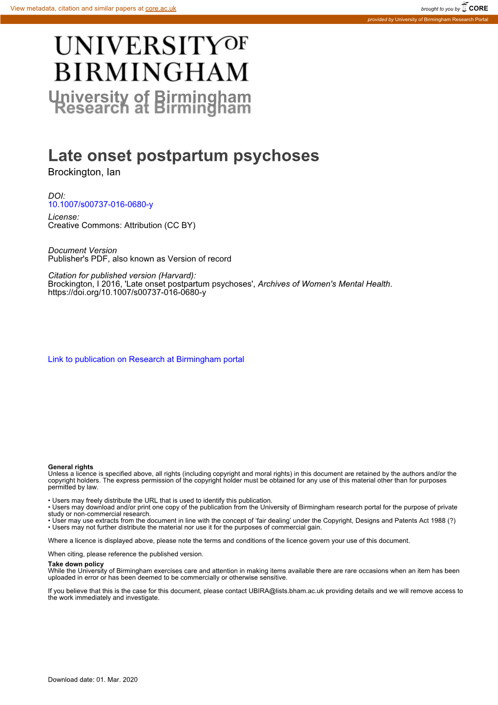 Late Onset Postpartum Psychoses Brockington, Ian