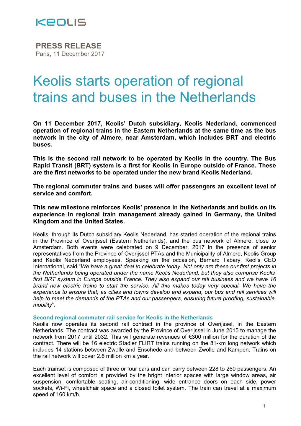 Keolis Starts Operation of Regional Trains and Buses in the Netherlands