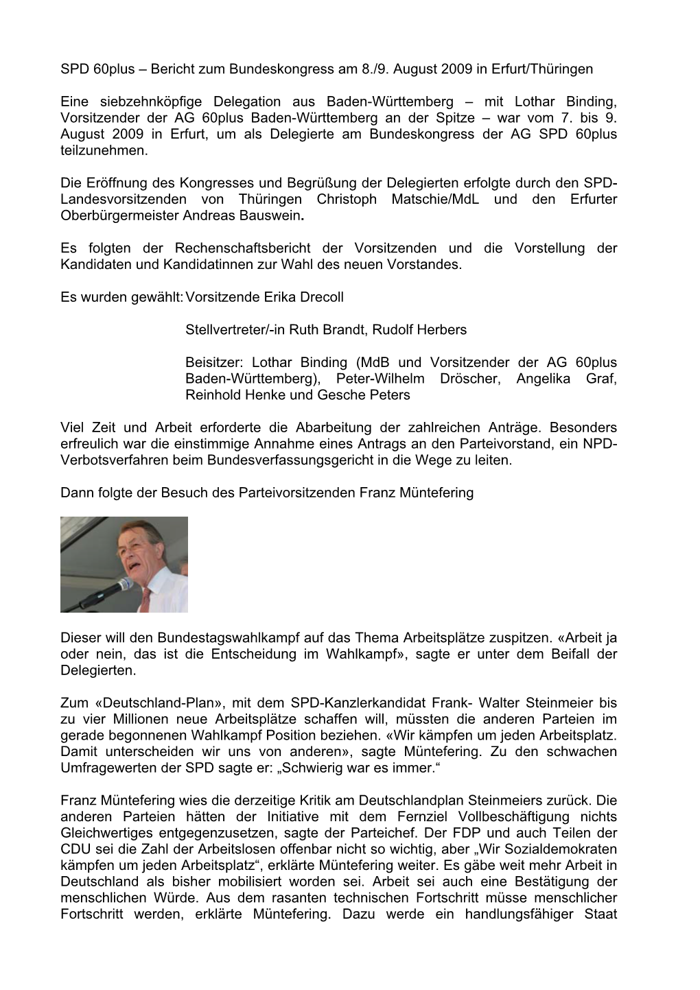 SPD 60Plus – Bericht Zum Bundeskongress Am 8./9. August 2009 in Erfurt/Thüringen