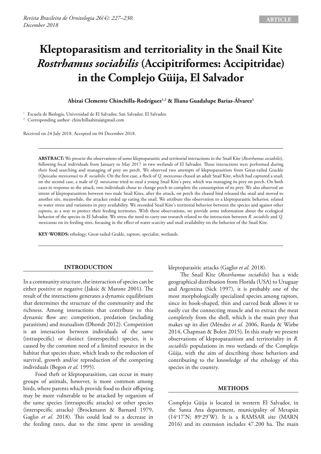 Kleptoparasitism and Territoriality in the Snail Kite Rostrhamus Sociabilis (Accipitriformes: Accipitridae) in the Complejo Güija, El Salvador