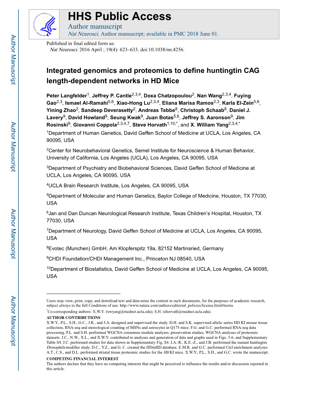 Integrated Genomics and Proteomics to Define Huntingtin CAG Length-Dependent Networks in HD Mice