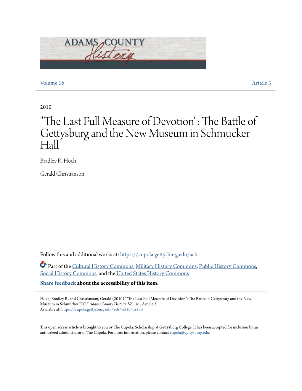 "The Last Full Measure of Devotion": the Battle of Gettysburg and the New Museum in Schmucker Hall