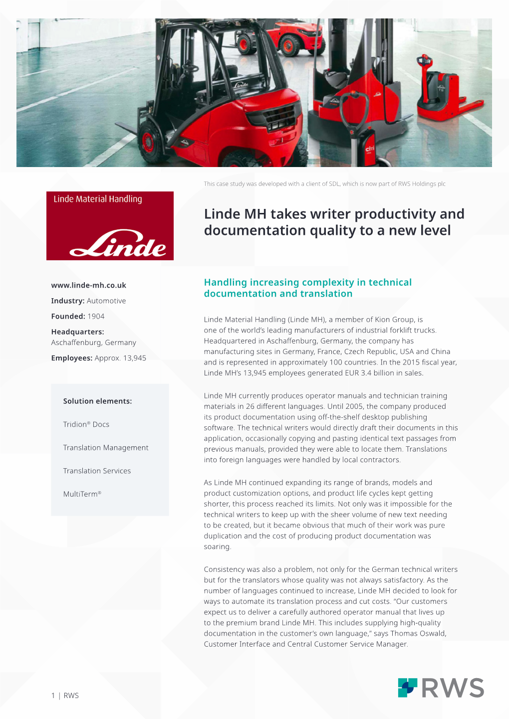 Linde MH Takes Writer Productivity and Documentation Quality to a New Level