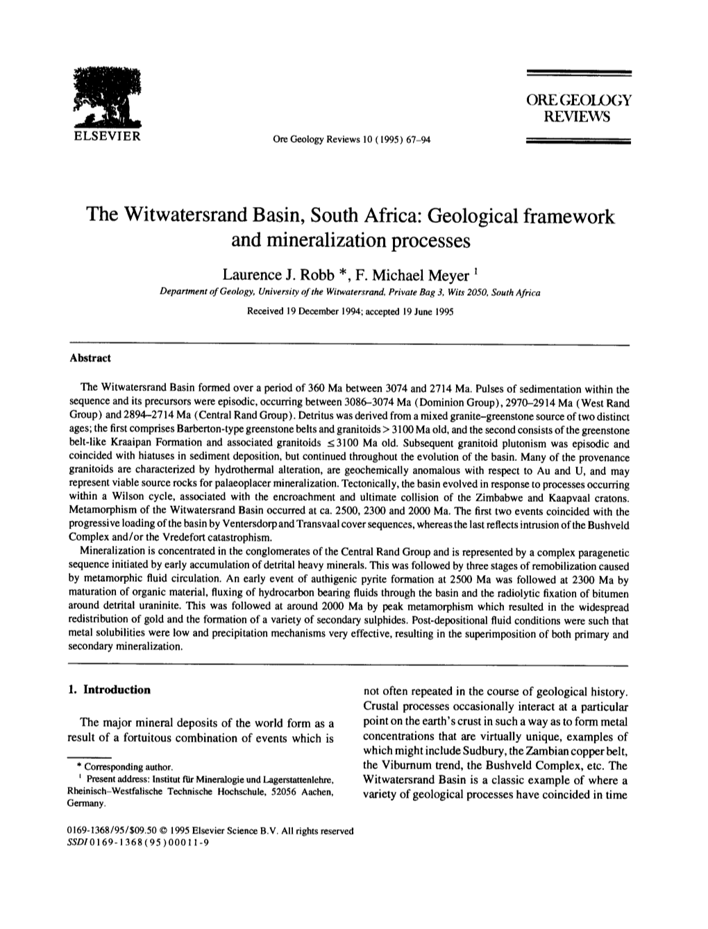 The Witwatersrand Basin, South Africa: Geological Framework and Mineralization Processes