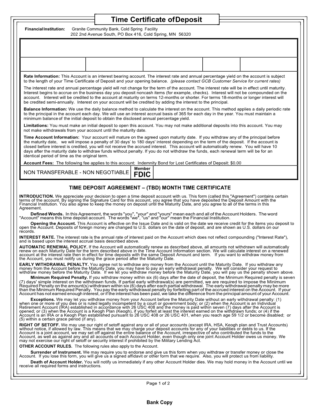 Time Certificate of Deposit FDIC