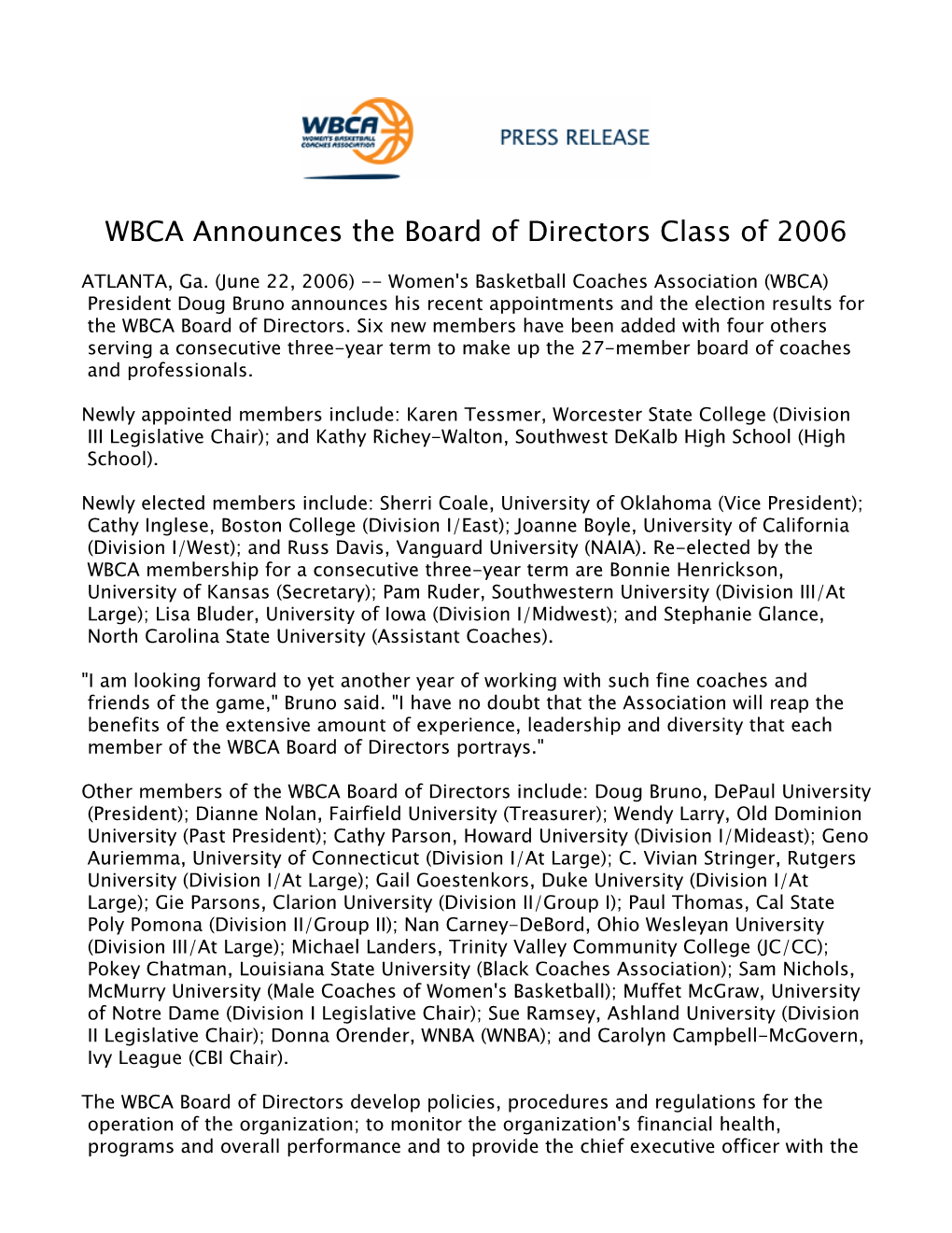 WBCA Announces the Board of Directors Class of 2006 2006-07