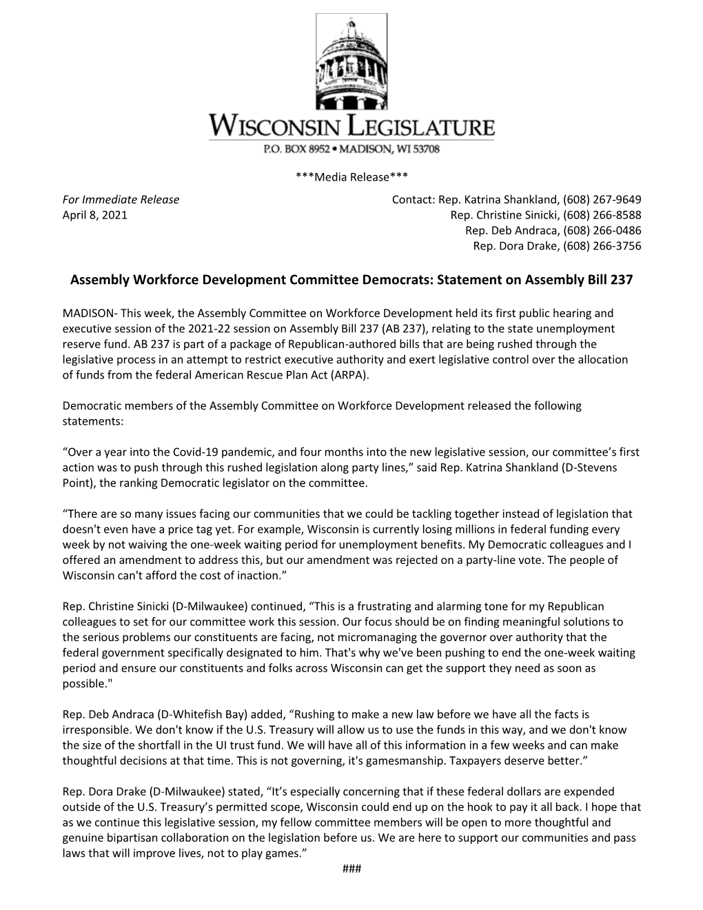 Assembly Workforce Development Committee Democrats: Statement on Assembly Bill 237