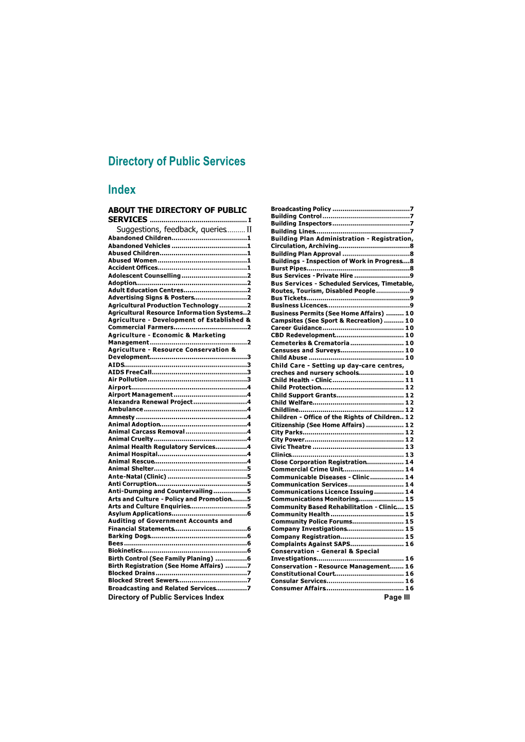 Directory of Public Services Index Page III Consumer Credit Inspections