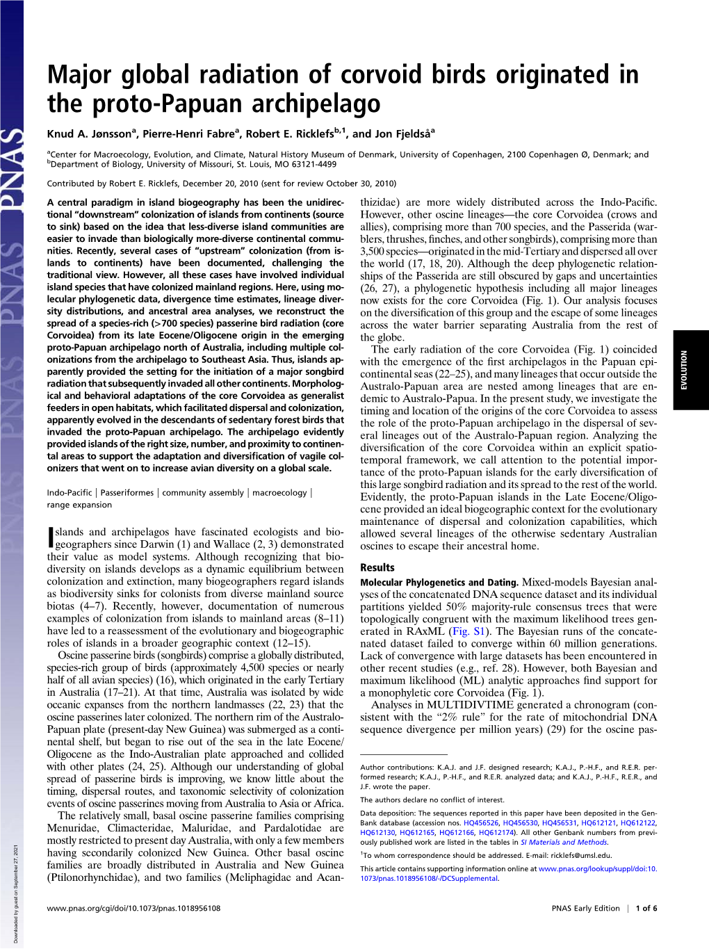 Major Global Radiation of Corvoid Birds Originated in the Proto-Papuan Archipelago