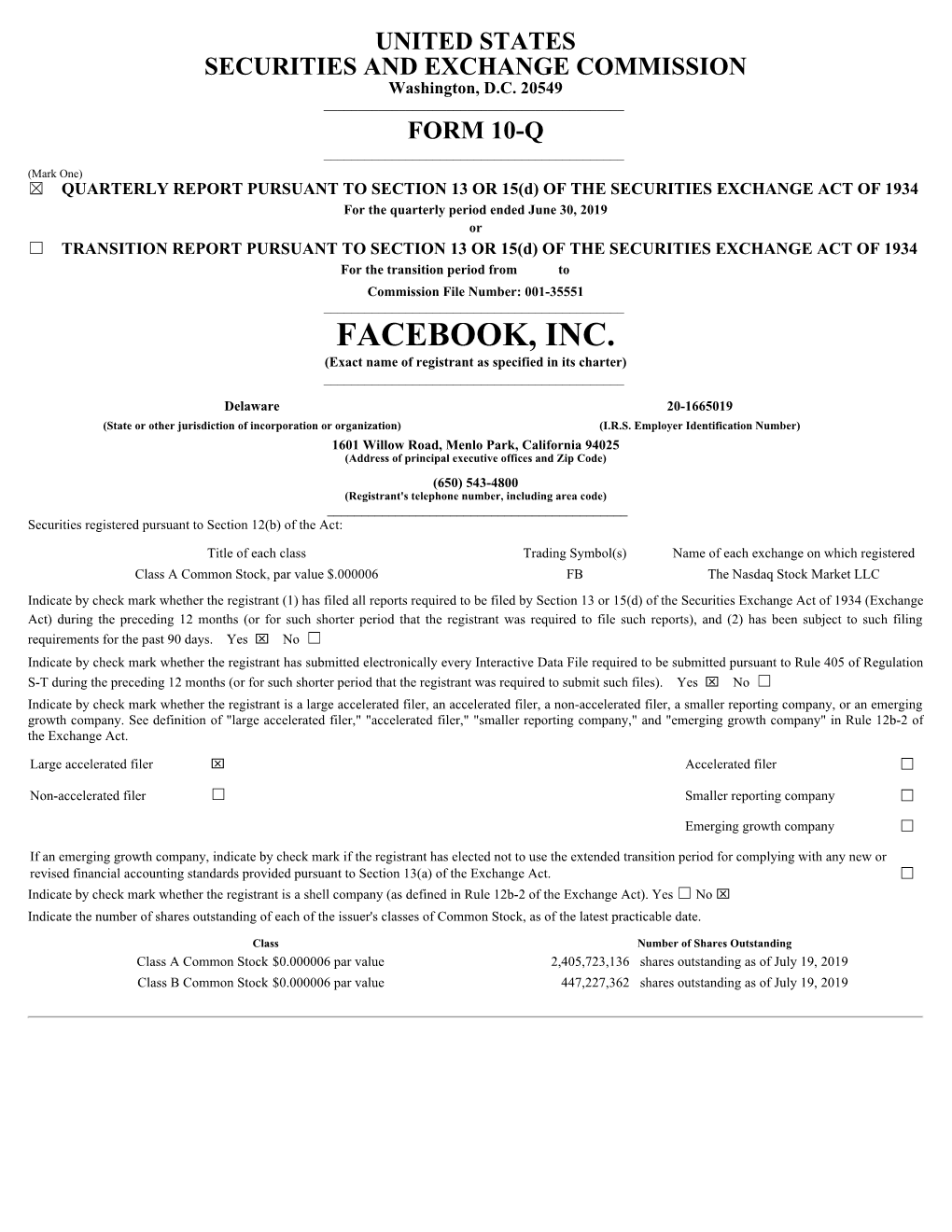FACEBOOK, INC. (Exact Name of Registrant As Specified in Its Charter) ______
