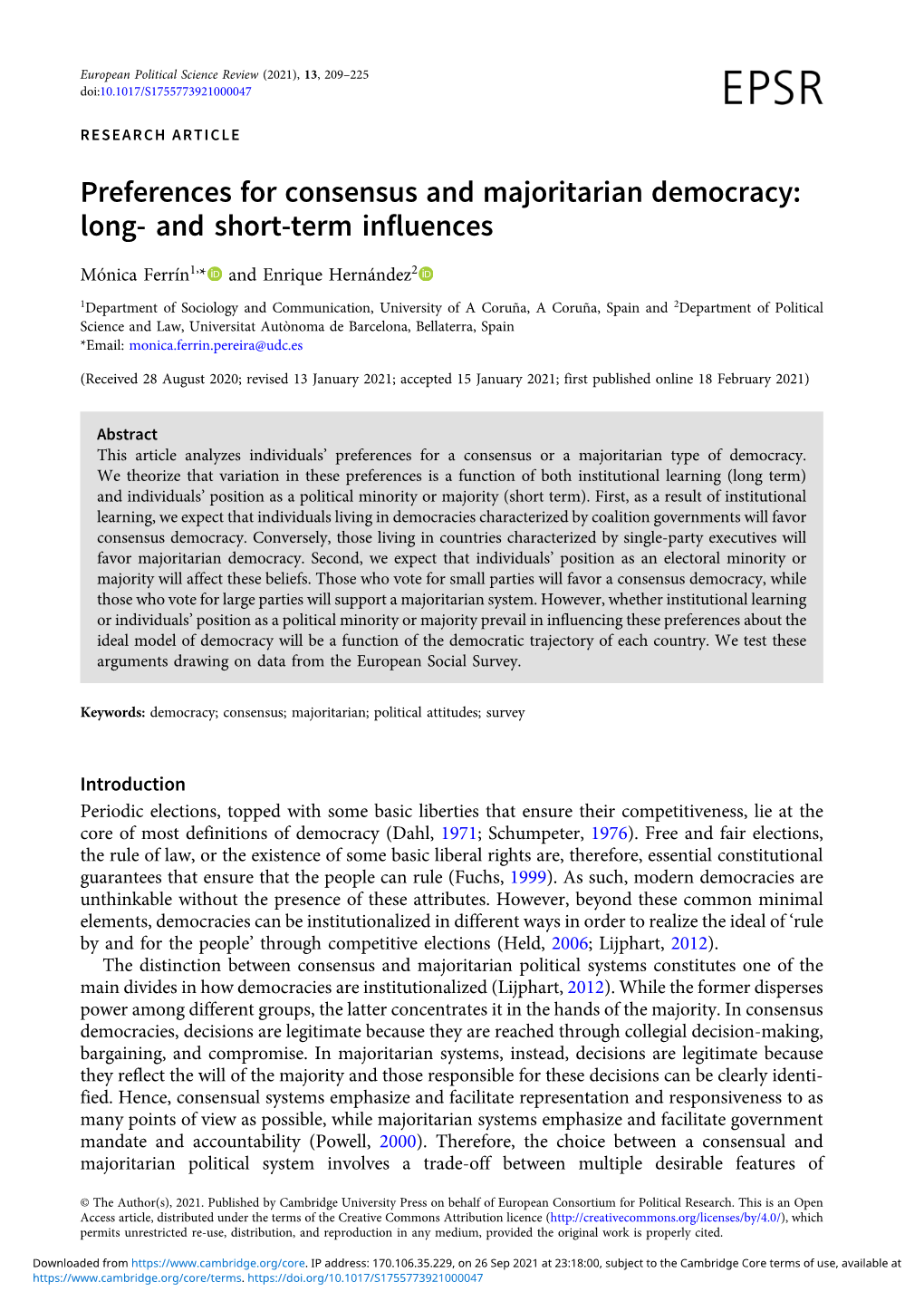 Preferences for Consensus and Majoritarian Democracy: Long- and Short-Term Influences