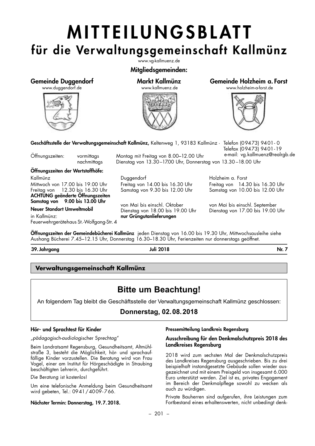 MITTEILUNGSBLATT Für Die Verwaltungsgemeinschaft Kallmünz Mitgliedsgemeinden: Gemeinde Duggendorf Markt Kallmünz Gemeinde Holzheim A