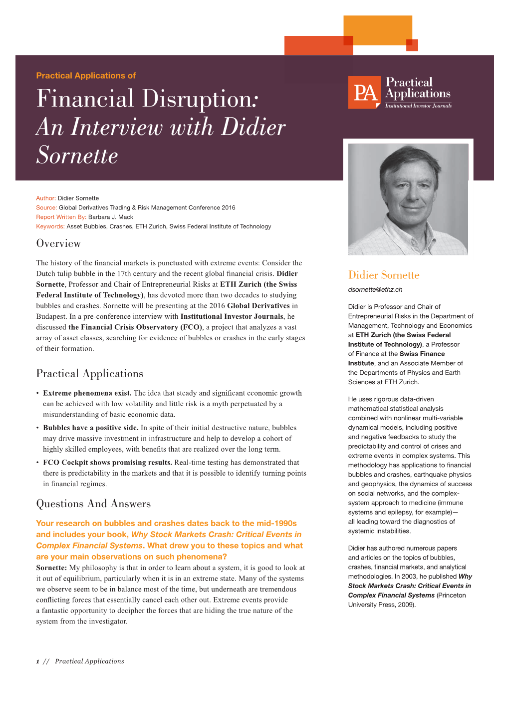 Financial Disruption: an Interview with Didier Sornette