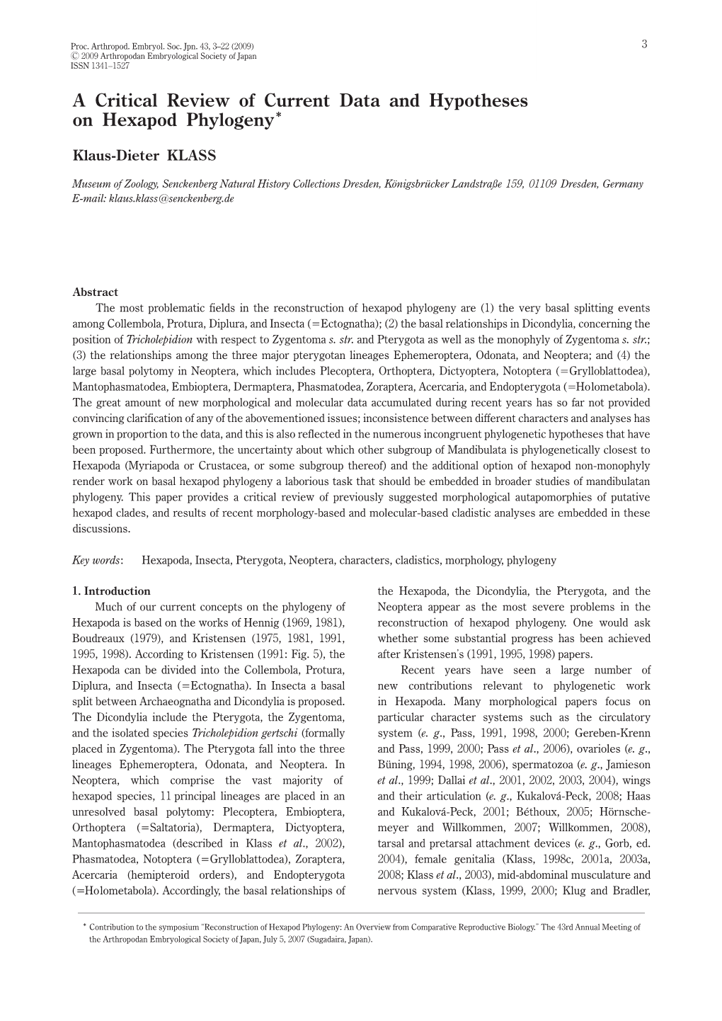 Hexapod Phylogeny: a Critical Review