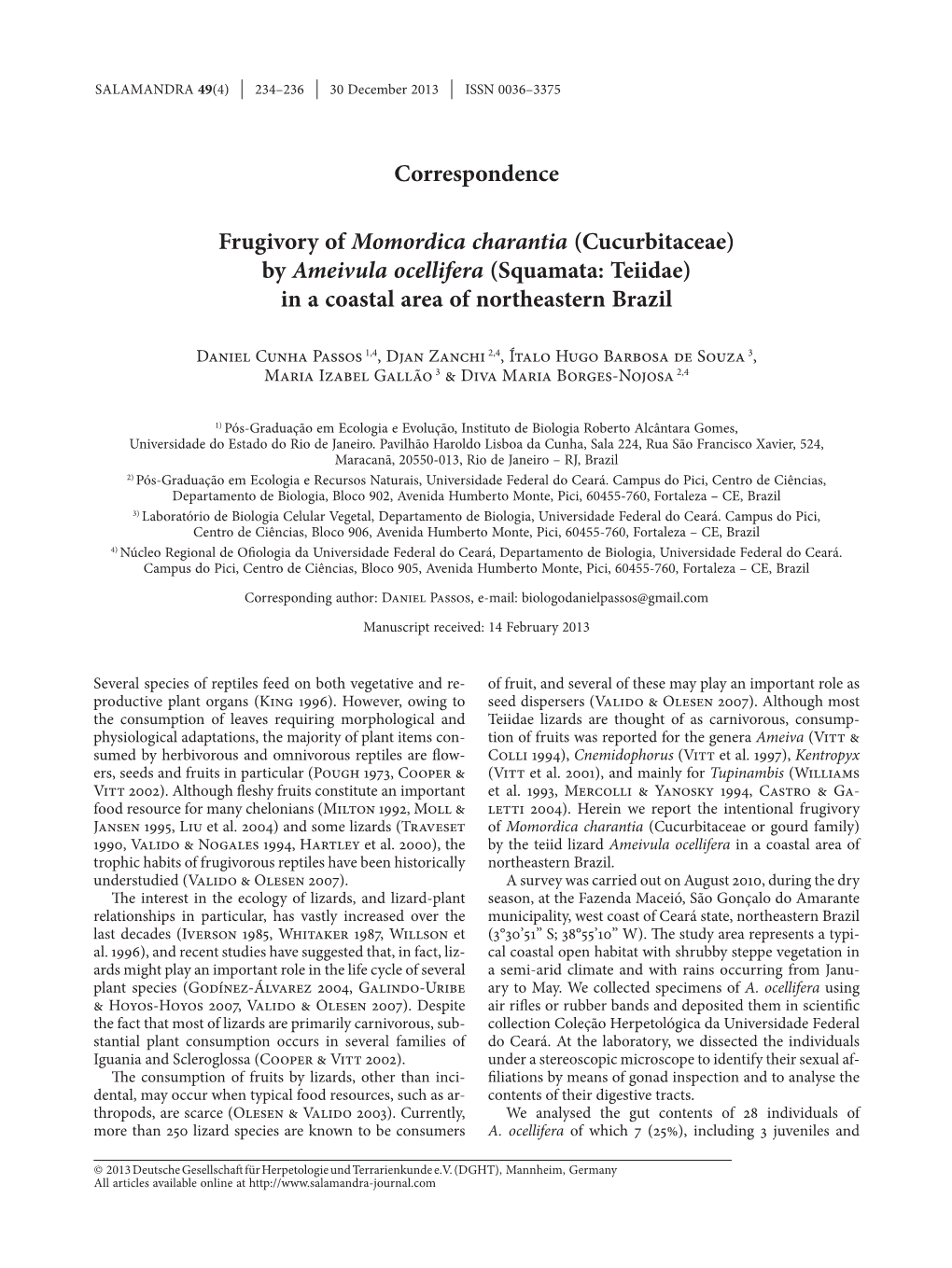 By Ameivula Ocellifera (Squamata: Teiidae) in a Coastal Area of Northeastern Brazil