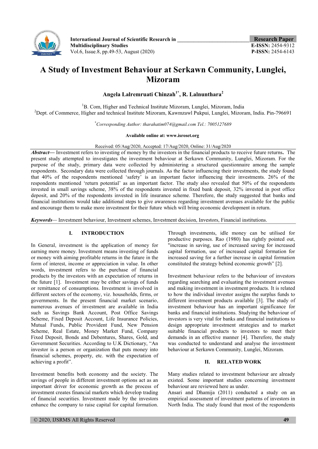 A Study of Investment Behaviour at Serkawn Community, Lunglei, Mizoram