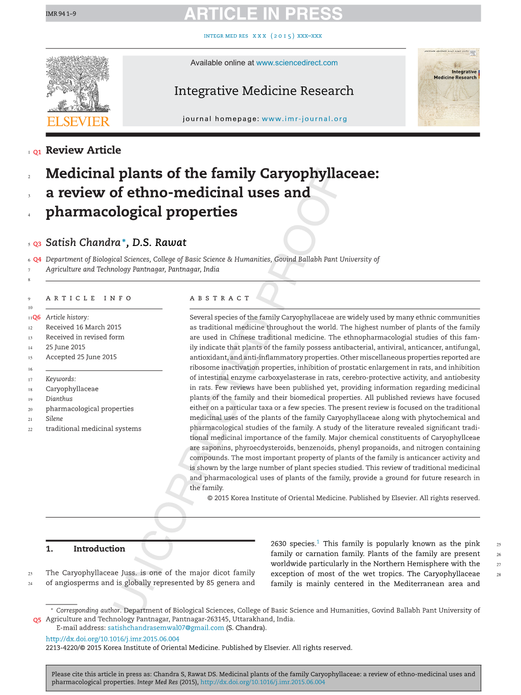 Medicinal Plants of the Family Caryophyllaceae