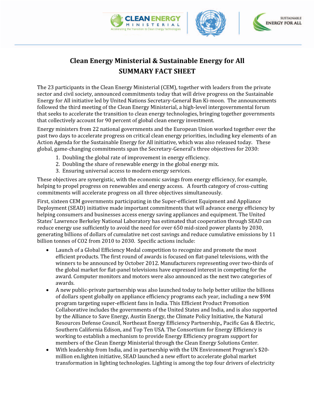 Clean Energy Ministerial & Sustainable Energy for All SUMMARY FACT SHEET