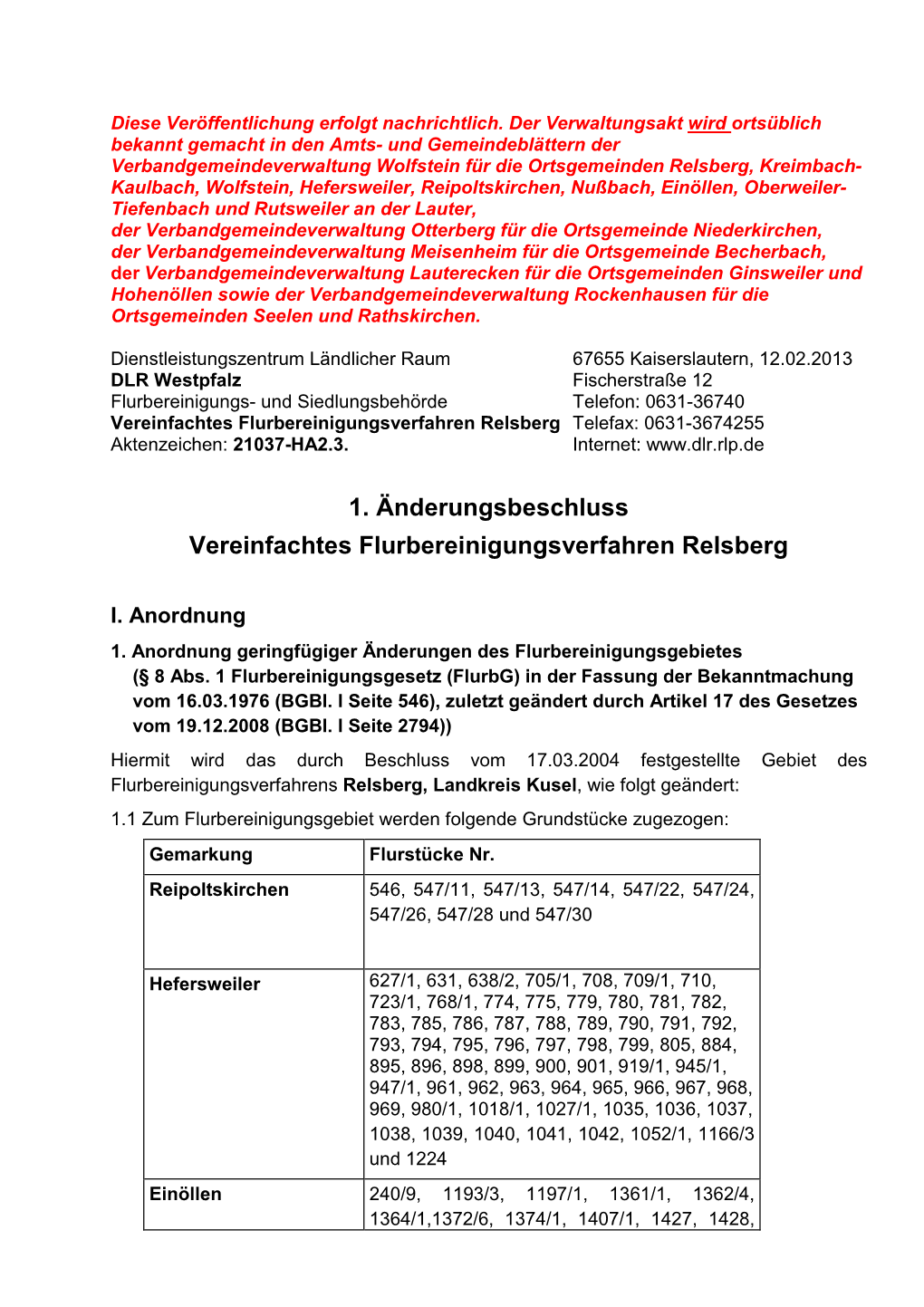 1. Änderungsbeschluss Vereinfachtes Flurbereinigungsverfahren Relsberg