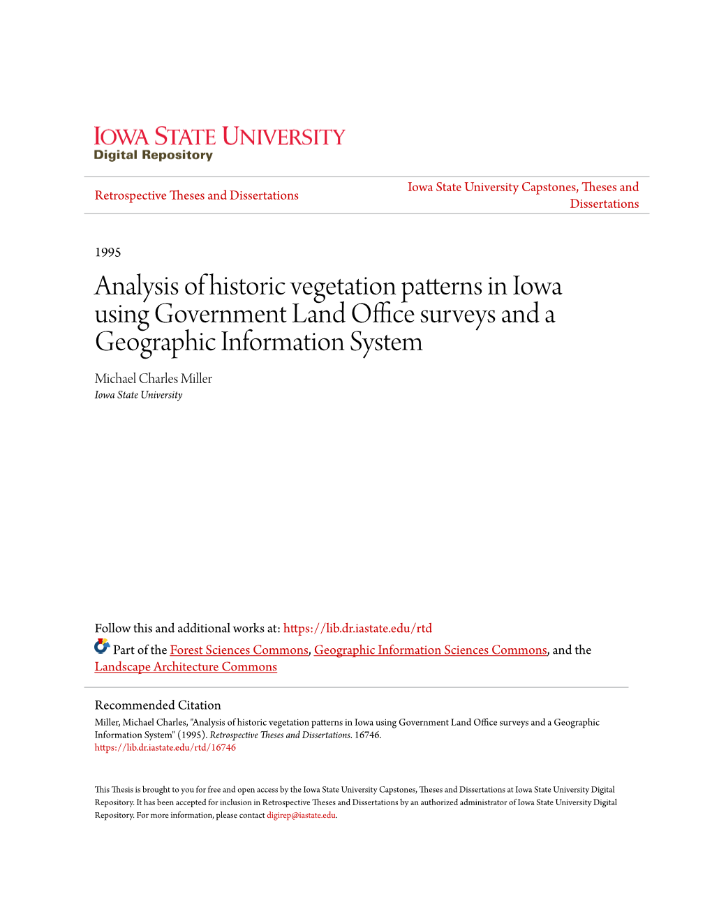 Analysis of Historic Vegetation Patterns in Iowa Using Government Land