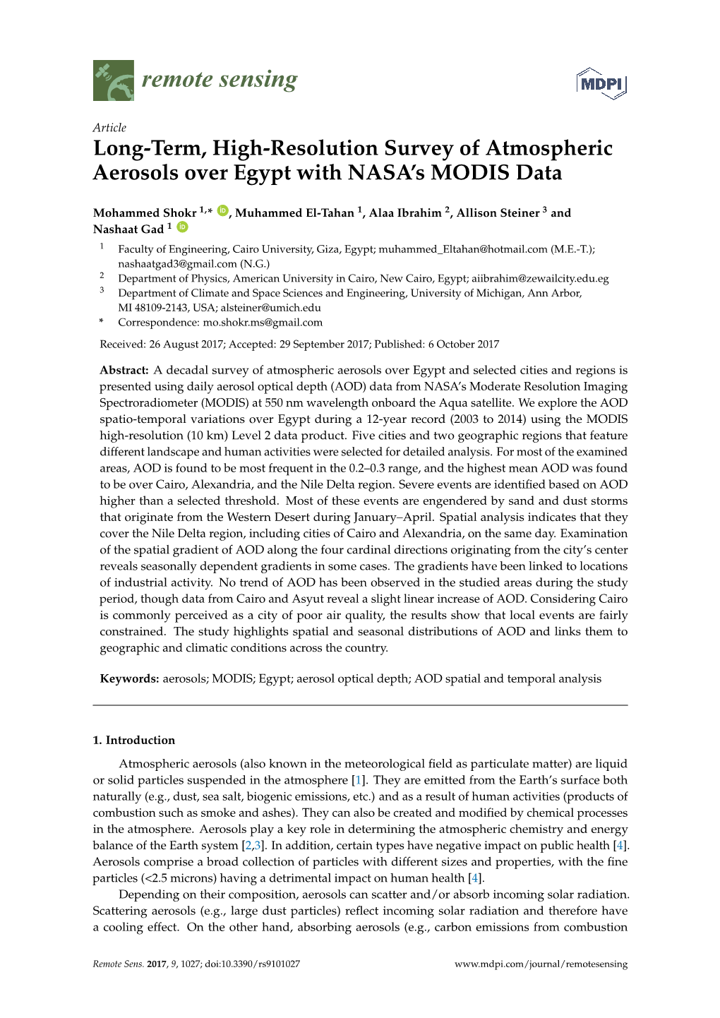 Long-Term, High-Resolution Survey of Atmospheric Aerosols Over Egypt with NASA’S MODIS Data