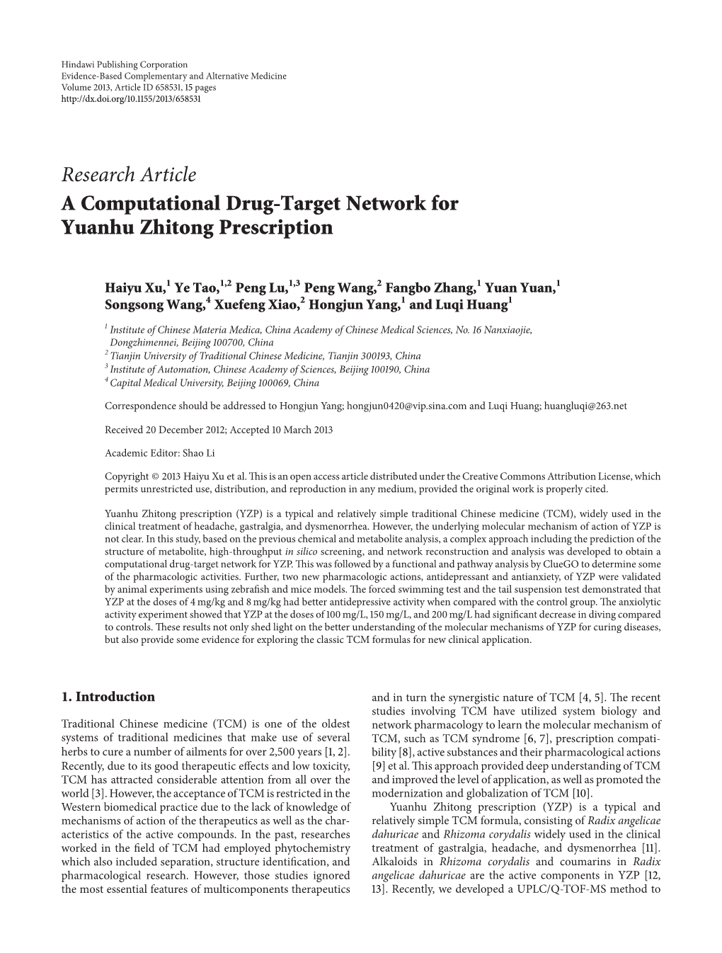 A Computational Drug-Target Network for Yuanhu Zhitong Prescription