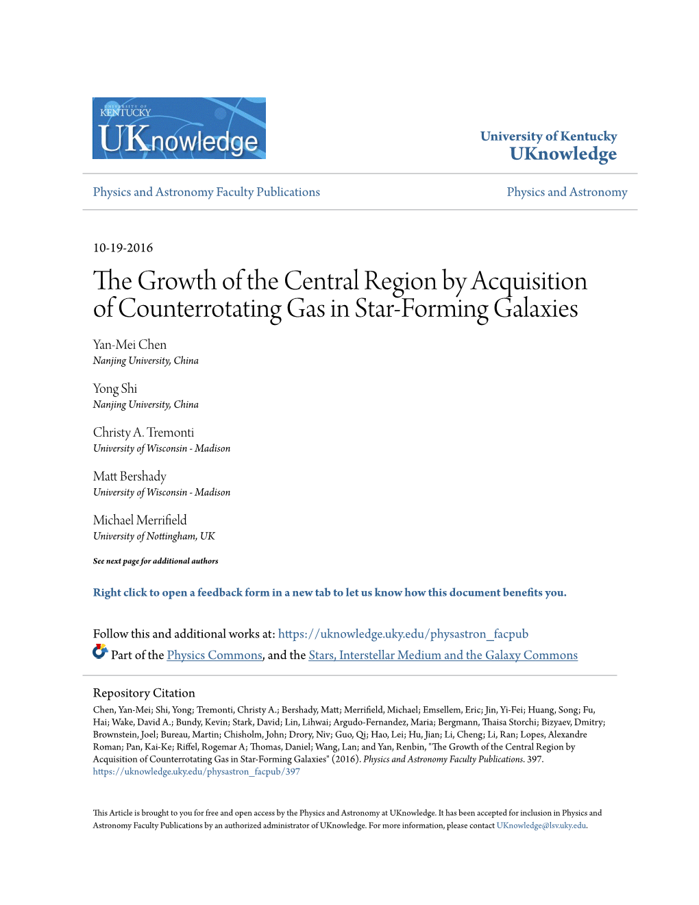 The Growth of the Central Region by Acquisition of Counterrotating Gas in Star-Forming Galaxies Yan-Mei Chen Nanjing University, China