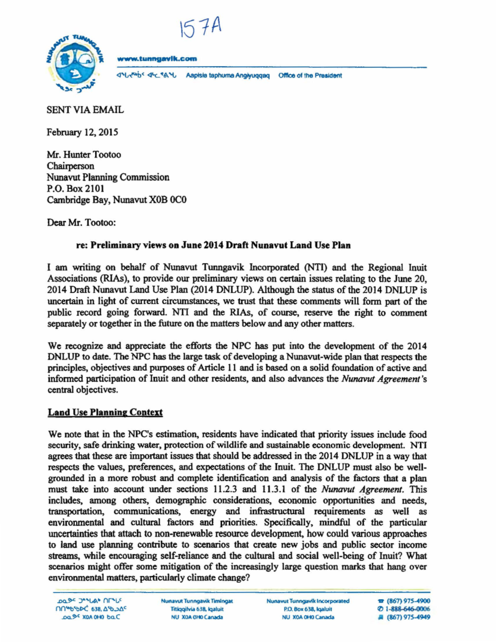 ~O Nr""'' Nunavut Tunngavik Timlngat Nunav\11 Tunngavlk Lncorpcnted - (867) 975-4900 (Lfl"-B~B I>C 638, A\B..)AC Tltlqqitvia 638.1Qaluit P.O