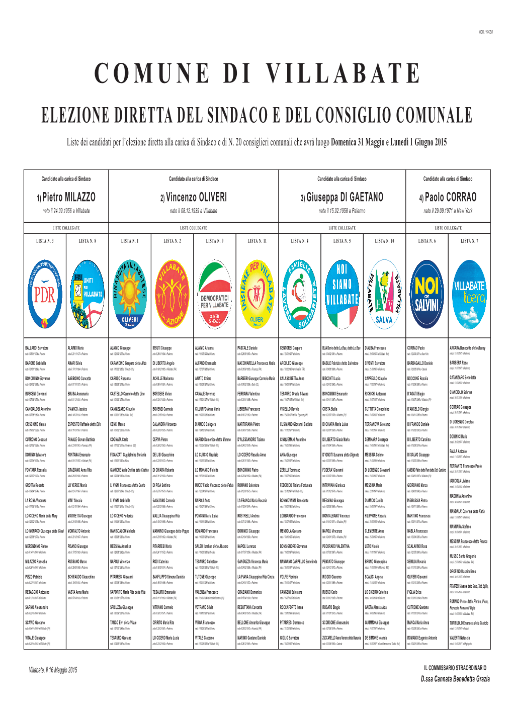 COMUNE DI VILLABATE ELEZIONE DIRETTA DEL SINDACO E DEL CONSIGLIO COMUNALE Liste Dei Candidati Per L’Elezione Diretta Alla Carica Di Sindaco E Di N