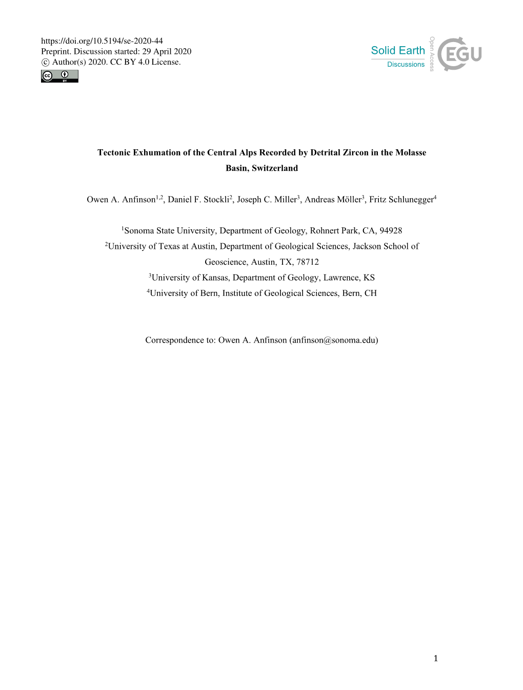 1 Tectonic Exhumation of the Central Alps Recorded by Detrital Zircon in the Molasse Basin, Switzerland Owen A. Anfinson1,2, Da