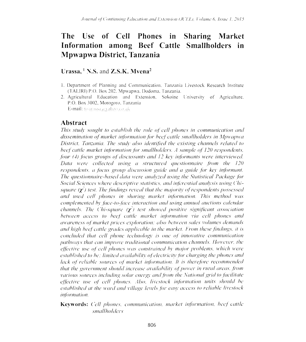 The Use of Cell Phones in Sharing Market Information Among Beef Cattle Smallholders in Mpwapwa District, Tanzania