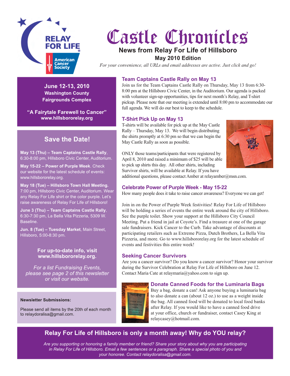 Castle Chronicles News from Relay for Life of Hillsboro May 2010 Edition for Your Convenience, All Urls and Email Addresses Are Active