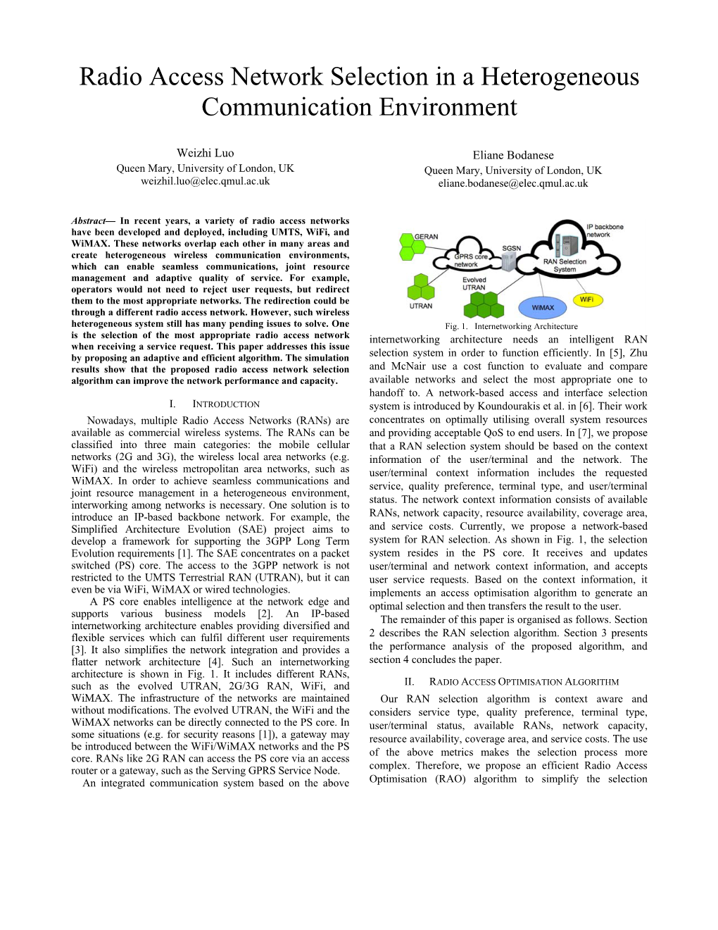 Radio Access Network Selection in a Heterogeneous Communication Environment