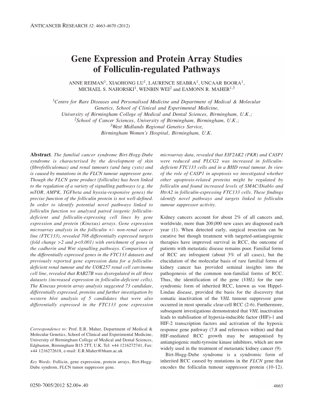 Gene Expression and Protein Array Studies of Folliculin-Regulated Pathways